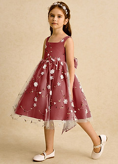 Azazie Bean 플라워 걸 드레스 볼가운 소매 없는 얇실버 명주 그물 무릎 길이 드레스 image5