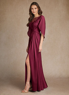Azazie Hera Mother of the Bride Dresses Burgundy A-Line Lace Stretch Satin Dress image2