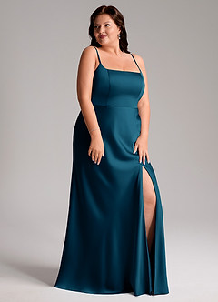Azazie Lidia Bridesmaid Dresses Ink Blue Mermaid Side Slit Stretch Satin Dress image12
