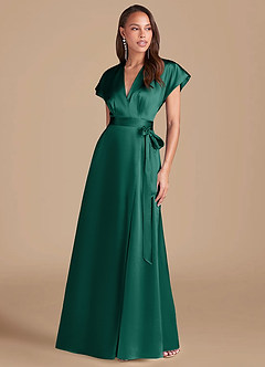 Azazie Nico Bridesmaid Dresses Emerald A-Line Pleated Metallic Satin Dress image1