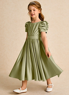Azazie Miriam Abiti da Ragazza di Fiori Abito Principessa in Raso Opaco Plissettato Verde Muschio image7