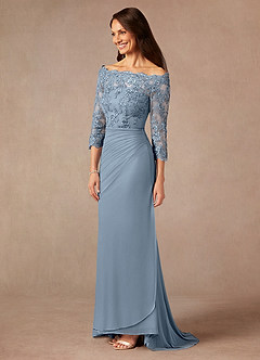 Azazie Rhonda Mother of the Bride Dresses Dusty Blue Mermaid Off the Shoulder Mesh Dress image4
