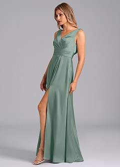 Azazie Karina At-home Try On Dresses Desert Rose A-Line Pleated Stretch Satin Dress image3