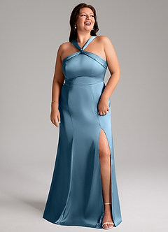 Azazie Rue Bridesmaid Dresses Steel Blue A-Line Pleated Stretch Satin Dress image11