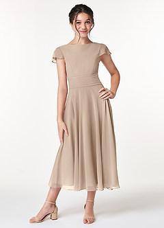 Azazie Payton Junior Taupe A-Line Bow Chiffon Dress image1