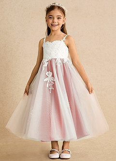 Azazie Coraline Blumenmädchenkleider A-Linie Spitze Kleid Elfenbein Koralle image4
