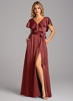 Azazie Lainey Bridesmaid Dresses Terracotta A-Line with Pockets Stretch Satin Dress image4