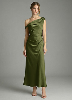 Azazie Emerson Bridesmaid Dresses Olive Mermaid Off the Shoulder Stretch Satin Dress image5