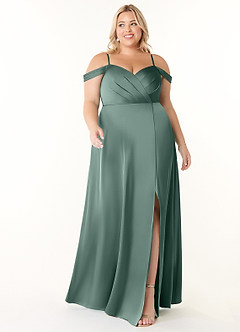 Azazie Ocean Bridesmaid Dresses Eucalyptus A-Line V-Neck Pleated Stretch Satin Dress image6