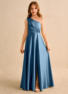 Azazie Puddles Junior Formal Sukienki dla dziewczynek sypiących kwiaty Linia A Jedno ramię Matowy satynowy Długość podłogi Sukienka image4