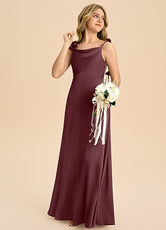 Azazie Gumdrop Junior 엠파이어 주름진 스트레치 새틴 플로어 길이 주니어 신부 들러리 드레스 image4