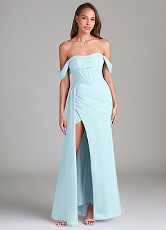 Azazie Amyra Bridesmaid Dresses Cloud Blue Sheath Off the Shoulder Chiffon Convertible Dress image1