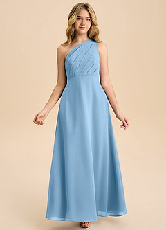 Azazie Phaedra Junior Steel Blue A-Line Pleated Chiffon Dress image7