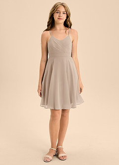 Azazie Avelina Junior Taupe A-Line Pleated Chiffon Dress image4