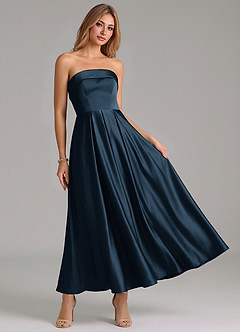 Azazie Lucienne Bridesmaid Dresses Dark Navy A-Line Pleated Stretch Satin Dress image5