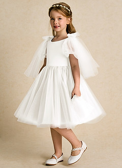 Azazie Duchess Robe Demoiselle D'honneur Fillette Robe Trapèze en Tulle avec manches Ivoire image1