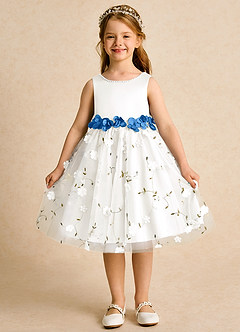 Azazie Starri Flower Girl Dresses Ivory Blue Jay Ball-Gown Beaded Matte Satin Dress image1
