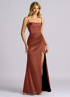 Azazie Auden Suknie dla druhen Osłona Zza ramienia Satyna elastyczna Do ziemi Sukienka image3