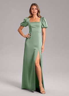 Azazie Fyona Brautjungfernkleider A-Linie Plissee Stretch-Satin Kleid Matcha image1