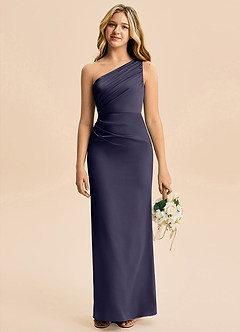 Azazie Akilah Junior Robe Fourreau en Satin extensible Plissée Bleu Orageux image1