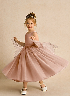 Azazie Pear vestidos de niña de las flores Vestido de Champán Rosado de Tul de Princesa con Lazo image2