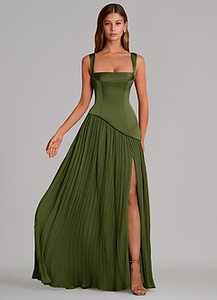 Azazie Stephanie Bridesmaid Dresses Olive A-Line Pleated Stretch Satin Dress image4
