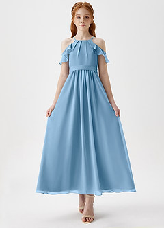 Azazie Chaya Junior Steel Blue A-Line Off the Shoulder Chiffon Dress image4