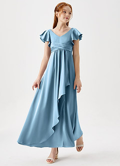 Azazie Omari Junior Steel Blue A-Line Pleated Stretch Satin Dress image1