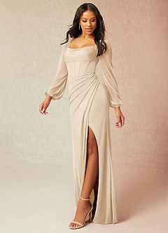 Azazie Charissa Bridesmaid Dresses Champagne Sheath Corset Pleated Mesh Dress image4