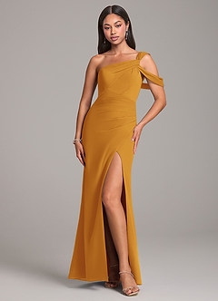Azazie Wynter Bridesmaid Dresses Butterscotch Sheath Off the Shoulder Chiffon Dress image1