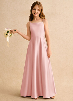 Azazie Joella Girls Formal Robe Demoiselle D'honneur Fillette Robe Trapèze en Satin extensible Plissée Rose Poudré image2