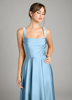 Azazie Shaude Bridesmaid Dresses Steel Blue A-Line Pleated Stretch Satin Dress image9