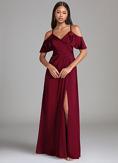 Azazie Dakota Robes de demoiselle d'honneur Robe Trapèze en Satin extensible Épaule décolletée Bourgogne image3