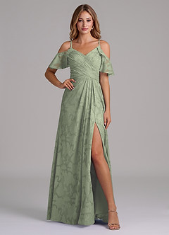 Azazie Dakota Jurken voor bruidsmeisjes Jurk van Bloemen Burn-out met A-Lijn Off the Shoulder Agave image1