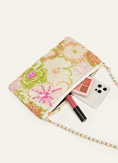 front Sequin Embroidered Floral Pearl Strap Shoulder Bag