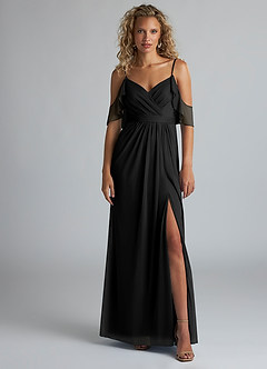 Azazie Fiena Final Sale Black A-Line V-neck Ruched Mesh Dress image1