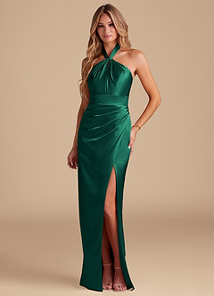 Azazie Zaya Bridesmaid Dresses Emerald Sheath Pleated Metallic Satin Dress image1