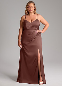 Azazie Azuree Bridesmaid Dresses Espresso A-Line Pleated Stretch Satin Dress image11