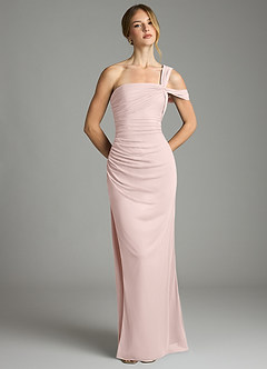 Azazie Tati Final Sale Blushing Pink Sheath Off the Shoulder Mesh Dress image2