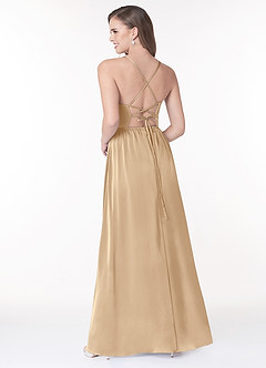 Azazie Raya Bridesmaid Dresses Champagne A-Line V-Neck Pleated Stretch Satin Dress image2