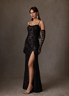 Azazie Esmeray Wedding Dresses Black Nude A-Line Sequins Stretch Satin Dress image4