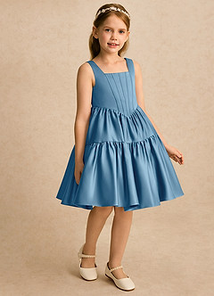 Azazie Myla Blumenmädchenkleider A-Linie Plissee Matte Satin Kleid Stahlblau image4