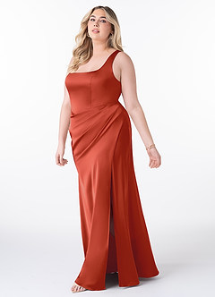 Azazie Mero Bridesmaid Dresses Rust Sheath Pleated Stretch Satin Dress image8