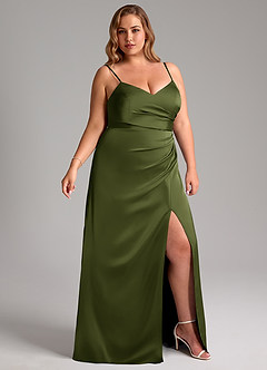 Azazie Azuree Bridesmaid Dresses Olive A-Line Pleated Stretch Satin Dress image4