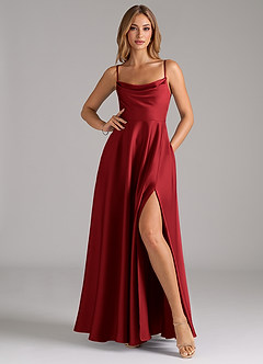 Azazie Elle Bridesmaid Dresses Scarlet A-Line Pleated Stretch Satin Dress image3