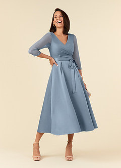 Azazie Maritza Mother of the Bride Dresses Dusty Blue A-Line Pleated Matte Satin Dress image1