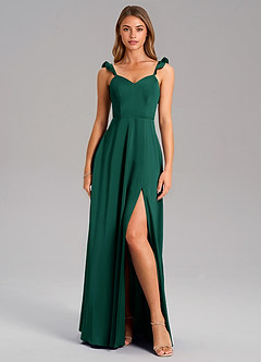 Azazie Everett Bridesmaid Dresses Emerald A-Line Stretch Satin Dress image3