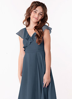 Azazie Posie Junior A-Linie Gestreift Chiffon Kleid Neptunblau image6