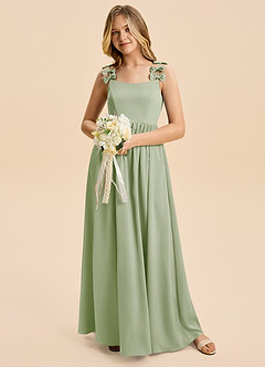 Azazie Poppy Junior Dusty Sage A-Line Pleated Stretch Satin Dress image5