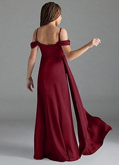 Azazie Amyra Junior Burgundy Sheath Off the Shoulder Stretch Satin Dress image2